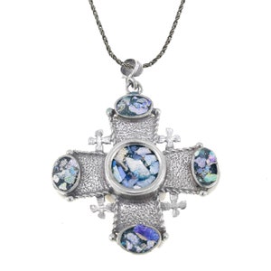 Jerusalem Cross 925 Sterling Silver Ancient Roman Glass Pendant Unique Jewelry