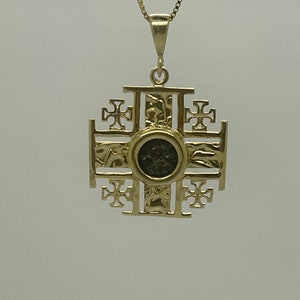 Coin Pendant,Jerusalem cross with Antique Authentic Bronze Widow&#39;s Mite Coin, 14k Yellow Gold Pendant, Ancient Coin Jewelry