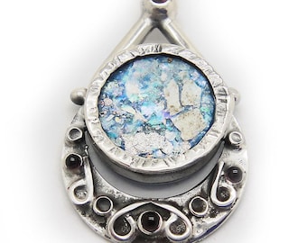 Roman Glass Pendant, 925 Sterling Silver Pendant, Garnet Pendant, Unique Jewelry, Ancient Roman Glass Jewelry