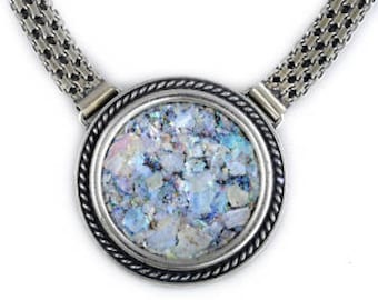 Unieke 925 sterlingzilveren ketting, ketting oud-Romeins glas, hanger Romeins glas, unieke sieraden