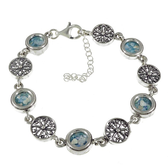 Elegant 925 Sterling Silver Bracelet, Ancient Roman Glass 