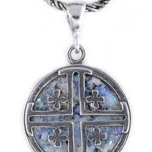Colgante especial de plata de ley 925, colgante de cristal romano antiguo, cruz de Jerusalén, joyería de cristal romano, OOAK
