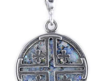 Special 925 Sterling Silver Pendant, Ancient Roman Glass Pendant, Jerusalem Cross, Roman Glass Jewelry, OOAK