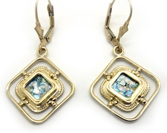 Ancient Roman Glass Earrings, 14K Yellow Gold Earrings, Woman Dangle Rhombus Earrings, Unique Jewelry