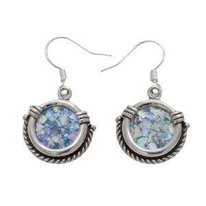 Ancient Roman Glass 925 Sterling Silver Dangle  Earrings Unique Design, Classic
