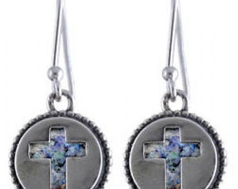 Special Dangle Earrings, 925 Sterling Silver Earrings, Ancient Roman Glass Earrings, Cross, Roman Glass Jewelry
