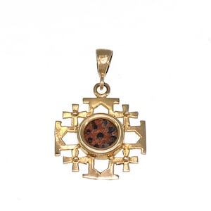 Coin Pendant,Jerusalem cross with Antique Authentic Bronze Widow&#39;s Mite Coin, 14k Yellow Gold Pendant, Ancient Coin Jewelry