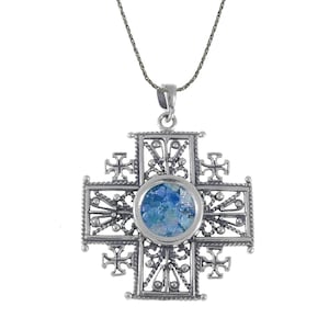 Jerusalem Kreuz 925 Sterling Silber Antike Römer Glas Anhänger Einzigartige Schmuck