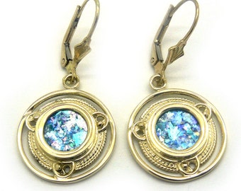14K Yellow Gold Earrings, Ancient Roman Glass Earrings, Woman Dangle Round Earrings, Unique Jewelry