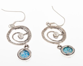 Ancient Roman Glass-925 Sterling Silver Dangle Pearl Earrings Unique Design