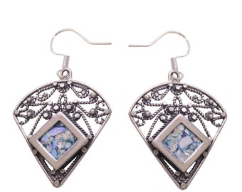 Dangle Earrings, Woman Earrings, 925 Sterling Silver Earrings, Ancient Roman Glass Earrings, Unique Jewelry