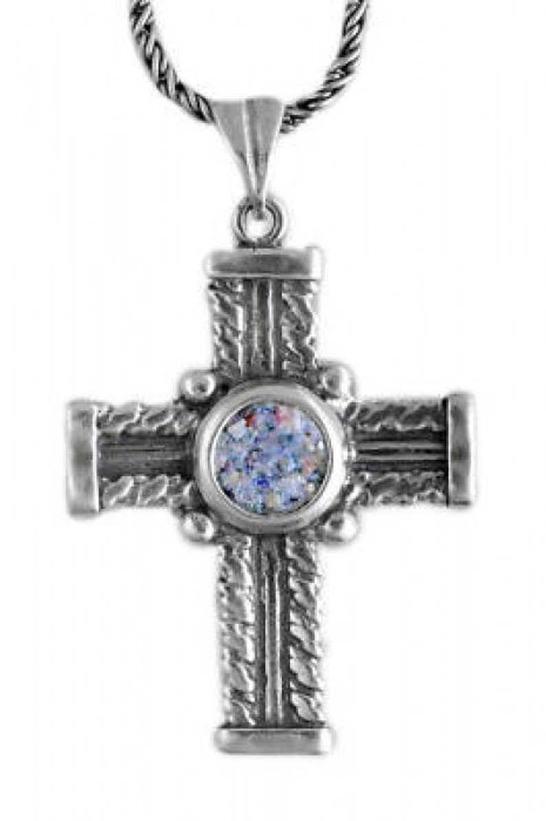 Filigree Ancient Roman Glass Pendant, 925 Sterling Silver Pendant, Cross Pendant, Roman Glass Cross, OOAK image 1