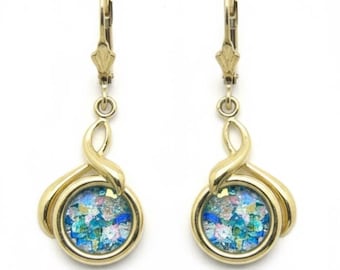 14K Yellow Gold Earrings, Ancient Roman Glass Earrings, Dangle Round Earrings, Unique Jewelry