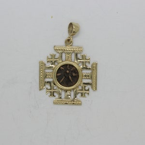 Coin Pendant,Jerusalem cross with Antique Authentic Bronze Widow&#39;s Mite Coin, 14k Yellow Gold Pendant, Ancient Coin Jewelry