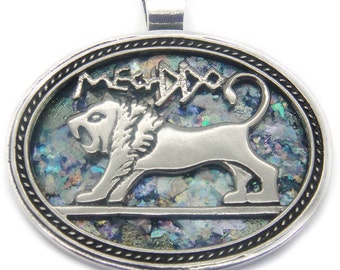 Unieke 925 sterlingzilveren oud-Romeins glazen hanger Lion of Judah