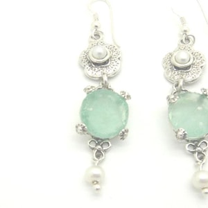 Delicate Dangle Earrings, 925 Sterling Silver Earrings, Ancient Roman Glass Earrings, Pearl Earrings, Unique Jewelry