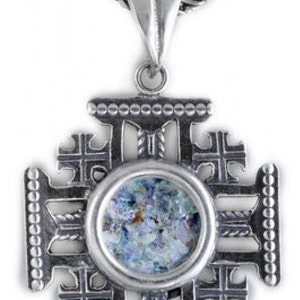 Colgante único de plata de ley 925, colgante de cristal romano antiguo, cruz de Jerusalén, joyería de cristal romano