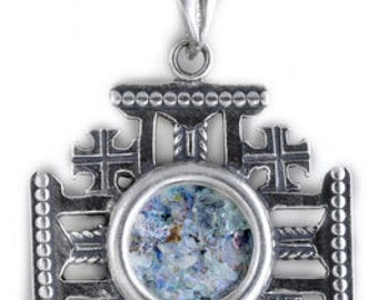 Unique 925 Sterling Silver Pendant, Ancient Roman Glass Pendant, Jerusalem Cross, Roman Glass Jewelry