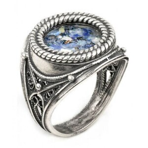 925 Sterling Silver Ring, Roman Glass Ring, Unique Jewelry size 9