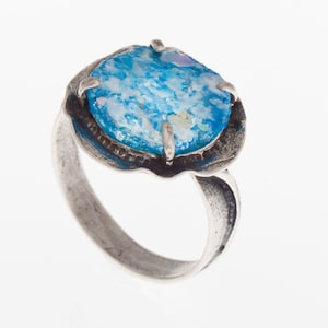 925 Sterling Silver, Ancient Roman Glass Ring,  Ancient Design size 8