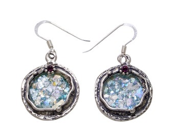 Ancient- Roman Glass 925 Sterling Silver Dangle  Earrings Unique Design, Classic