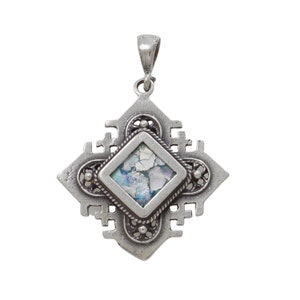 Unusual 925 Sterling Silver Pendant, Ancient Roman Glass Pendant, Jerusalem Cross, Roman Glass Jewelry, OOAK