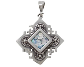 Unusual 925 Sterling Silver Pendant, Ancient Roman Glass Pendant, Jerusalem Cross, Roman Glass Jewelry, OOAK