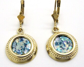 14K Yellow Gold Earrings, Ancient Roman Glass Earrings, Dangle Round Earrings, Woman Unique Jewelry