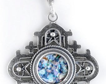 Unusual 925 Sterling Silver Pendant, Ancient Roman Glass Pendant, Jerusalem Cross, Roman Glass Jewelry, OOAK