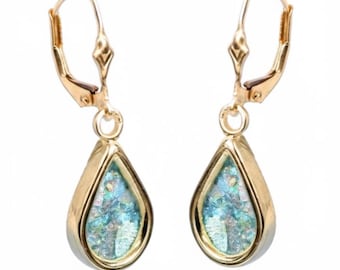 Ancient Roman Glass Earrings, 14K Yellow Gold Earrings, Woman Dangle Rhombus Earrings, Unique Jewelry