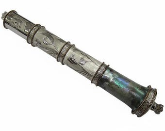 One Of A Kind Beautiful 925 Sterling Silver Mezuzah, Antique Roman Glass Mezuzah, Judaica