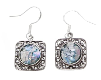 Lace-Dangle 925 Sterling Silver  Ancient Roman Glass Earrings Unique Design