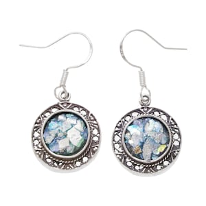 925 Sterling Silver Earrings, Blue Roman Glass Earrings, Dangle Earrings, Roman Glass Jewelry, OOAK