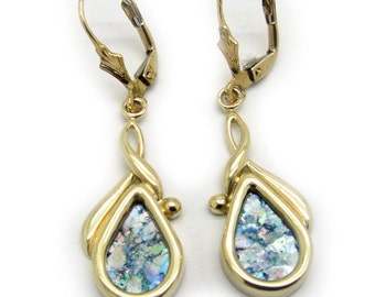 14K Yellow Gold Earrings, Ancient Roman Glass Earrings, Woman Dangle Drop Earrings, Unique Jewelry