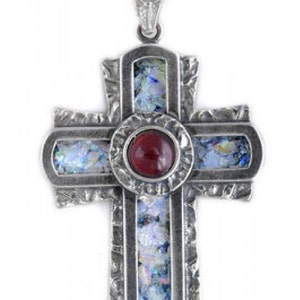 Colgante de cruz, colgante de cristal romano antiguo, colgante de granate, colgante de plata de ley 925, cruz de plata de ley 925, joyería única