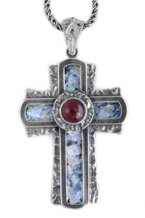 Cross Pendant, Ancient Roman Glass Pendant, Garnet Pendant, 925 Sterling Silver Pendant, 925 Sterling Silver Cross, Unique Jewelry