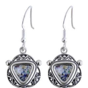 Filigree Dangle Earrings, 925 Sterling Silver Earrings, Ancient Roman Glass Earrings, Unique Jewelry