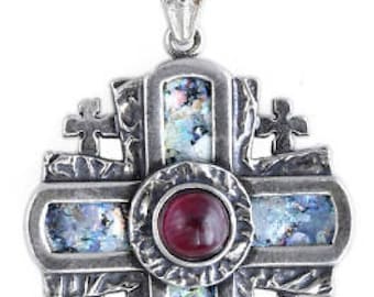Nice 925 Sterling Silver Pendant, Garnet Pendant, Ancient Roman Glass Pendant, Jerusalem Cross, Unique Jewelry