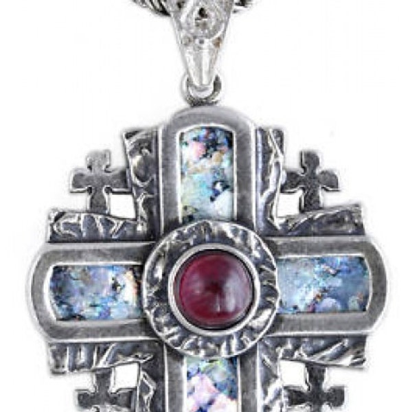 Nice 925 Sterling Silver Pendant, Garnet Pendant, Ancient Roman Glass Pendant, Jerusalem Cross, Unique Jewelry