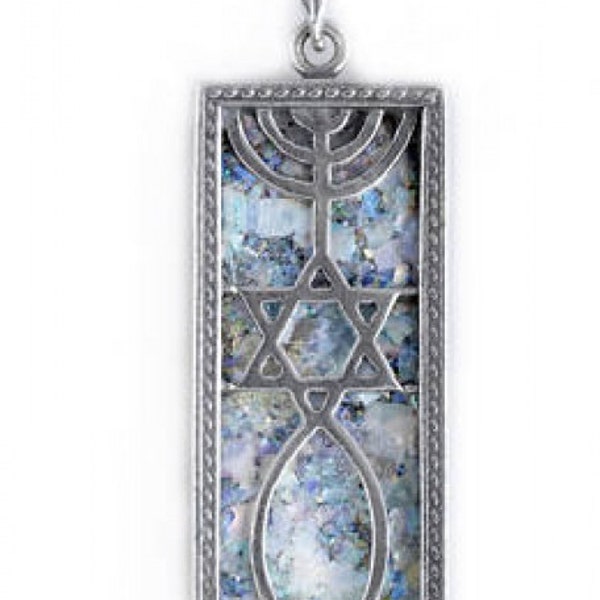 Great Ancient Roman Glass Pendant, 925 Sterling Silver Pendant, David Star, Menorah Pendant, Judaica, Unique Jewelry grafted-in