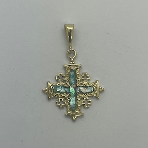 Unique 14K Yellow Gold Jerusalem Cross , Ancient Roman Glass Pendant,