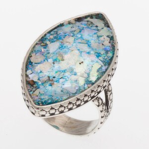 Roman Glass Ring, Marquise 925 Sterling Silver Ring, Unique Jewelry, Size 6