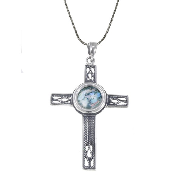 Nice Filigree Cross, Ancient Roman Glass Pendant, 925 Sterling Silver Pendant, Romna Glass Cross, Unique Jewelry