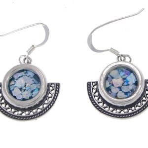 Filigree Dangle Earrings, Half-Moon 925 Sterling Silver Earrings, Ancient Roman Glass Earrings, Unique Jewelry