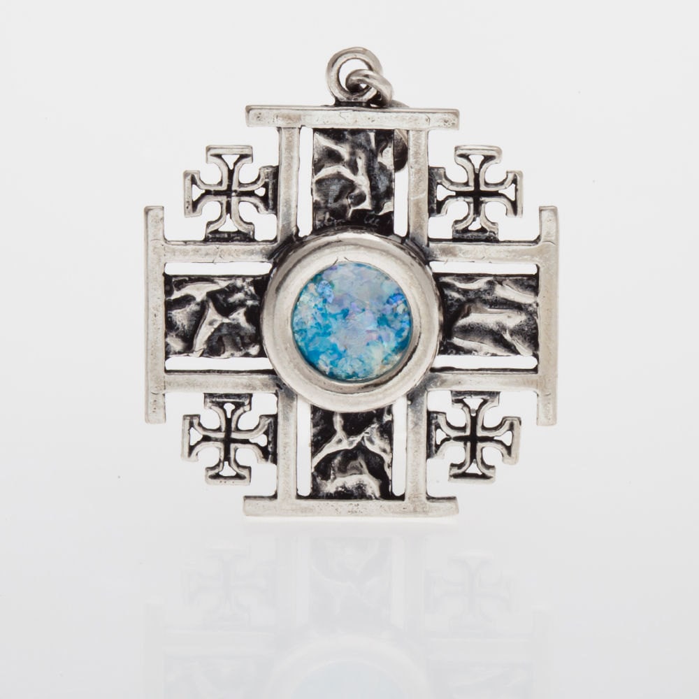 Jerusalem Cross 925 Sterling Silver Ancient Roman Glass Pendant Unique