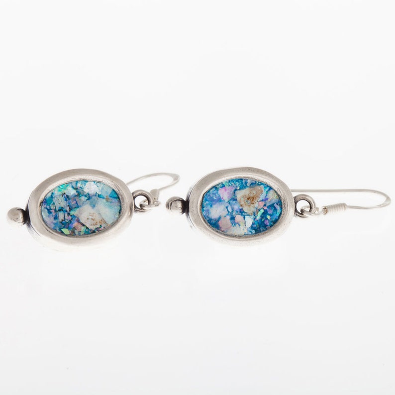 Oval Dangle 925 Sterling Silver Ancient Roman Glass Earrings-Unique Design image 1