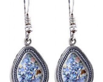 Fijne hangoorbellen, 925 sterlingzilveren oorbellen, oorbellen oud-Romeins glas, OOAK, unieke sieraden