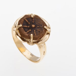 Coin Ring, 14K Yellow Gold Ring, Antique Authentic Rare Bronze Widows Mite Coin, Unique Jewelry
