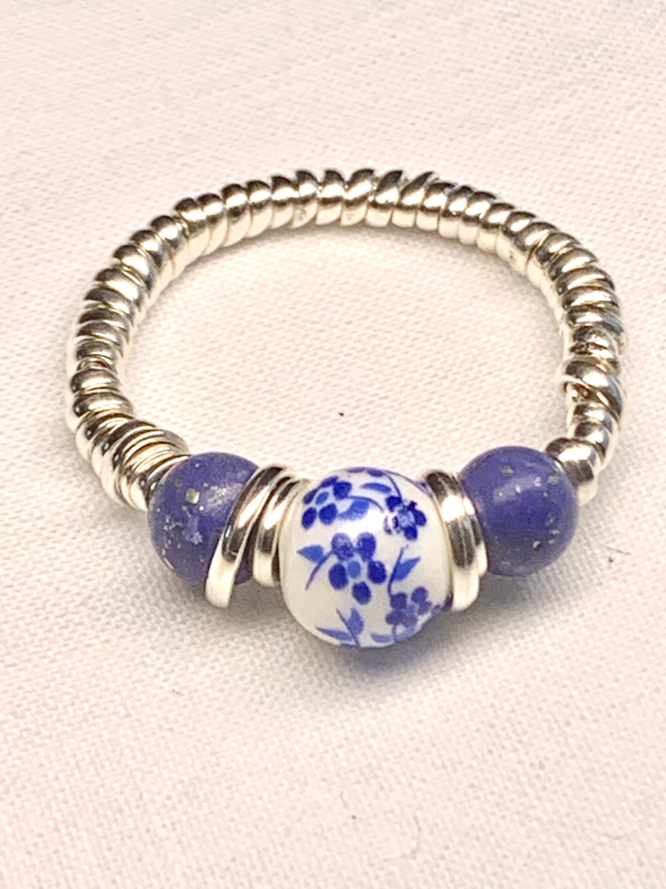 Three stone ring. Ceramic flower by 2 lapis blue Etsy