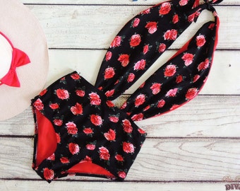 High Waist Vintage bow Swimsuit bikini red black roses Plunge neck high waist floral Monokini One piece swimwear Sexy Cute  Pin up Maillot